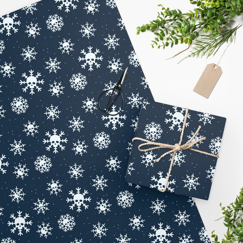 Blue and White Skull Snowflake Creepmas Wrapping Paper